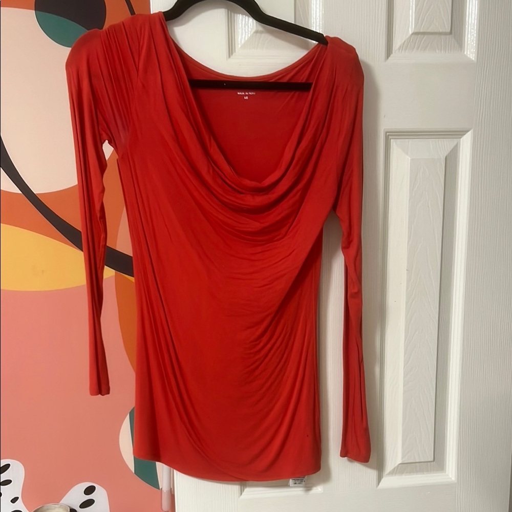 Red Draped Long Sleeve Top